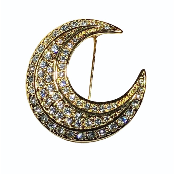 VINTAGE JOAN RIVERS GOLD & CLEAR CRYSTAL CRESCENT MOON BROOCH - Picture 10 of 16